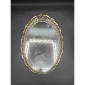 Vintage Oval Mirror Vanity Tray Gold Tone with Floral Trim - 14” x 9”